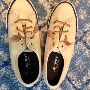 Sperry slip ons, beige with subtle gold shimmer